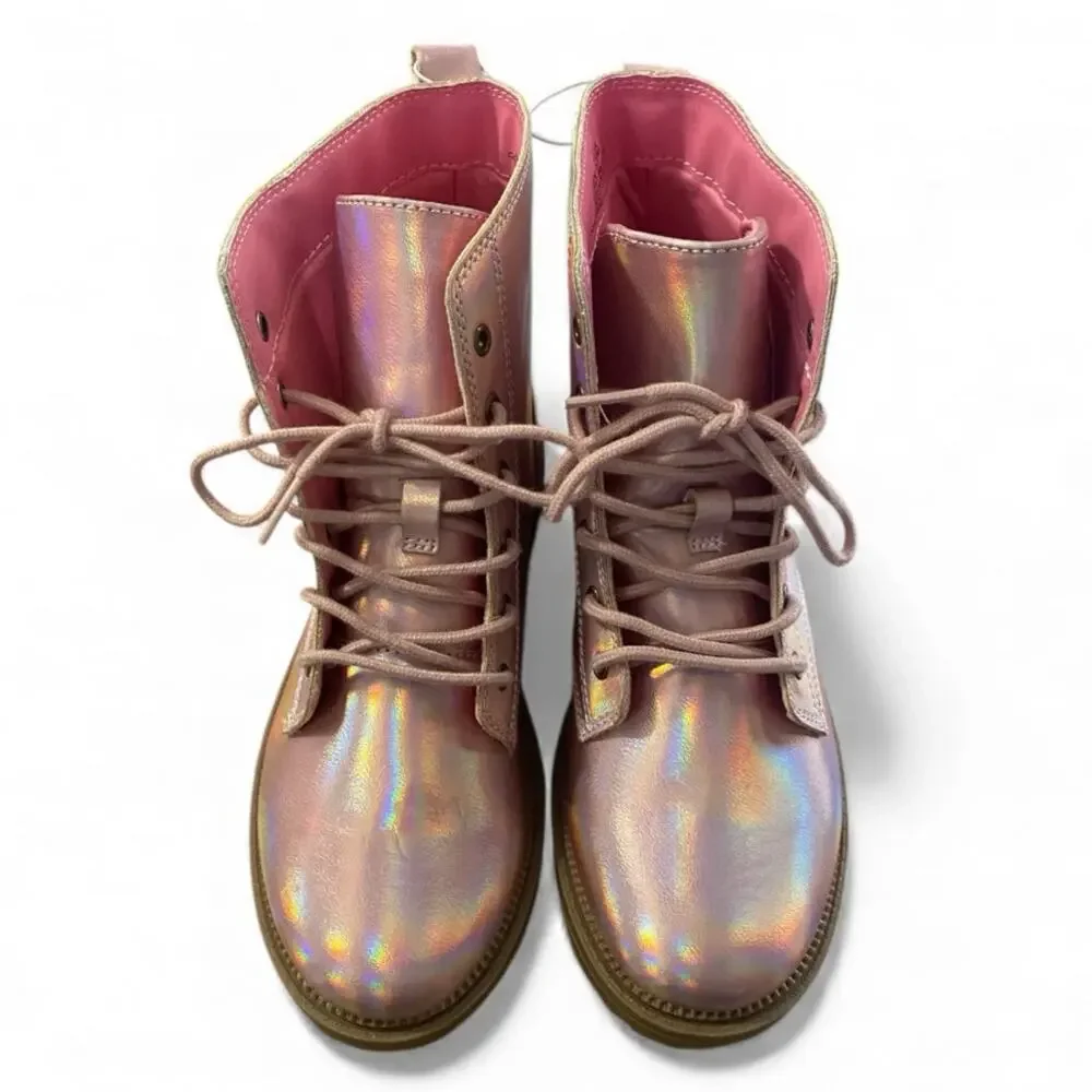 Old Navy Girls Combat Boots Size 4 Shimmer Pink Metallic Lace Up Girl Glam NEW